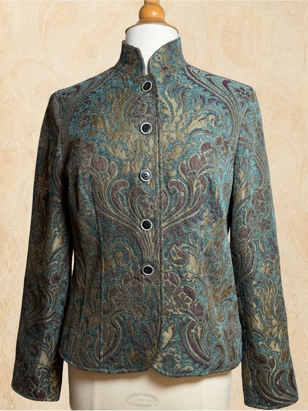Coldwater Creek Teal Gold Brocade Tapestry Mandarin Jacket S